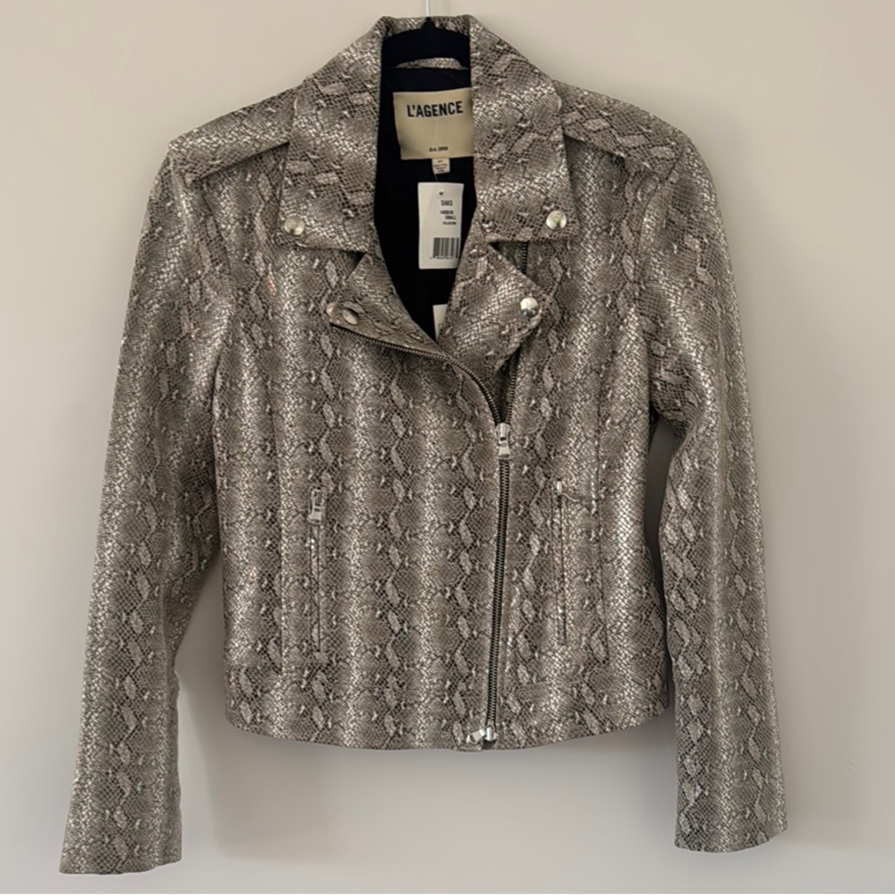 L'AGENCE Silver Metallic Leather Moto Jacket